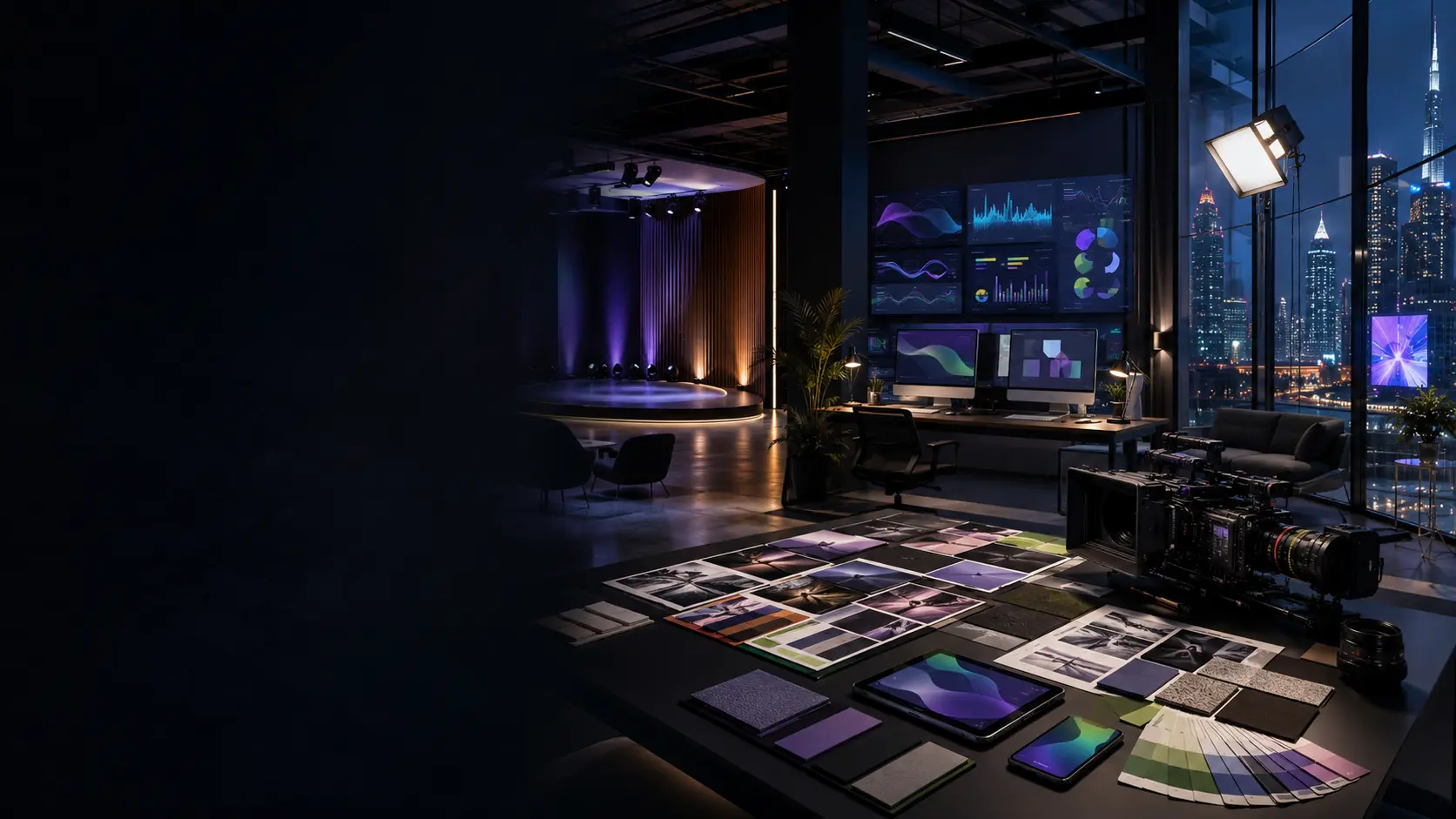 Integrated 360-degree advertising agency environment combining brand strategy, digital performance, content production, live events and technology